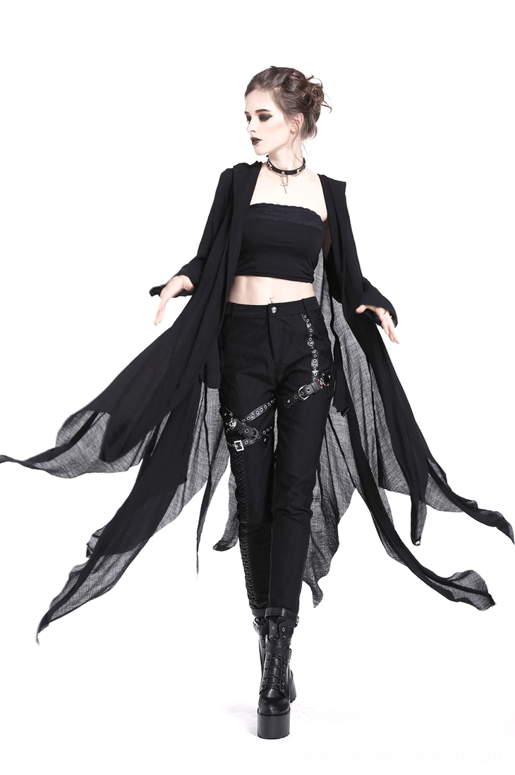 Detailed view of gothic coat hood design and crescent moon aesthetic on black woven fabric