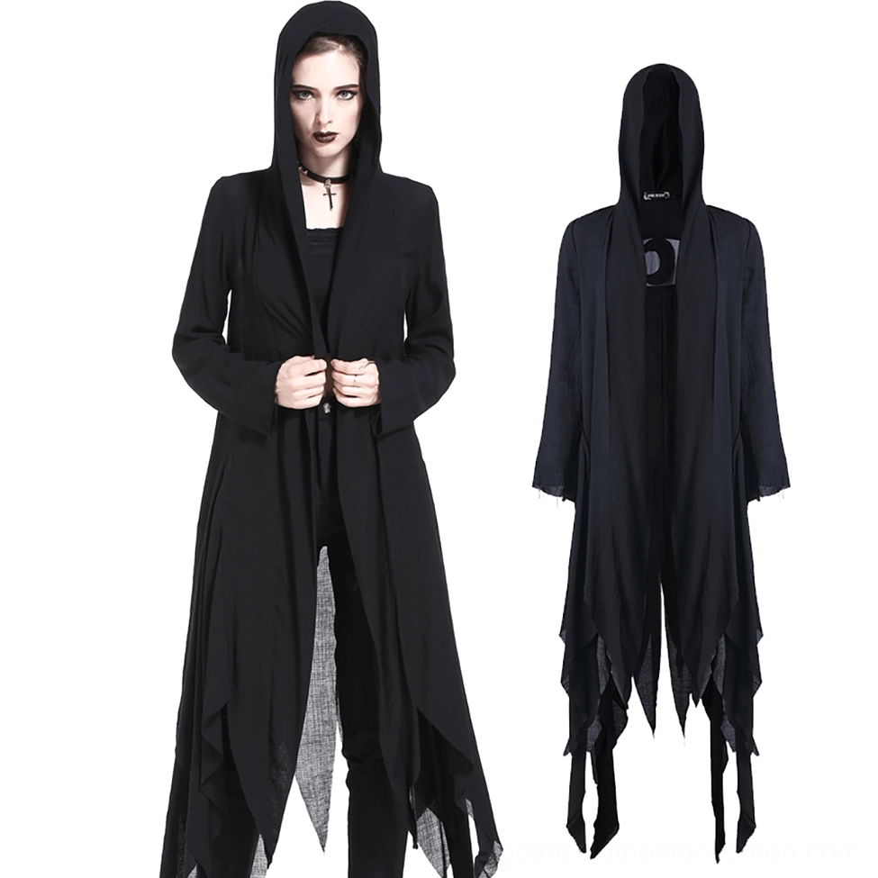 Two-shot comparison of black gothic hooded coat on model and flat lay showing crescent moon inner cutout detail