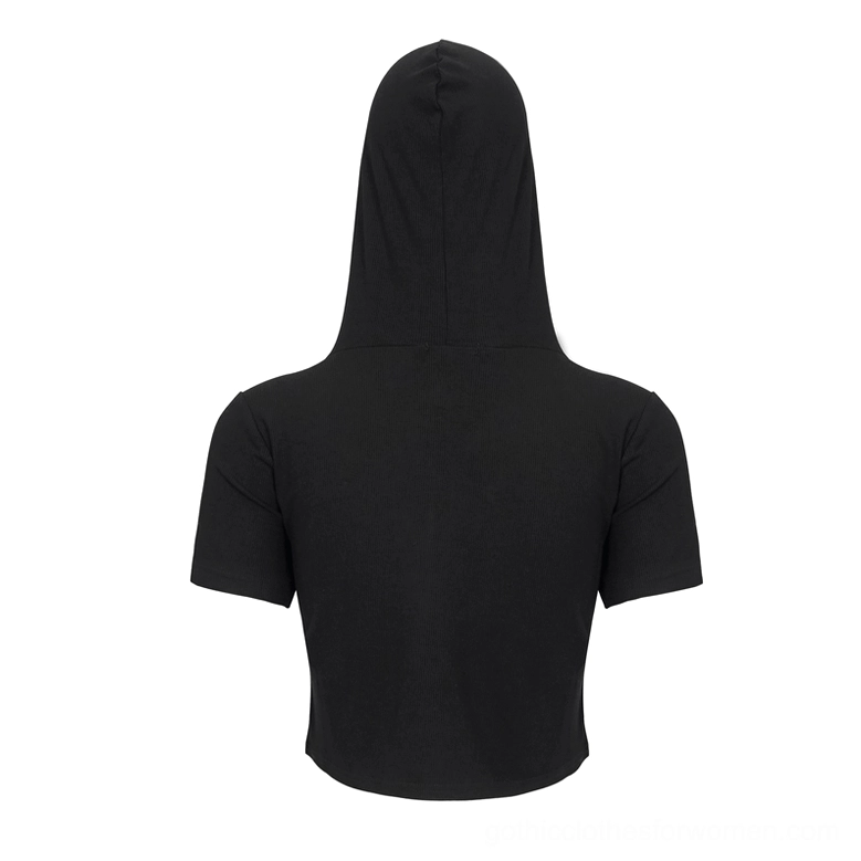 Black pentagram hooded crop top back flat lay view with plain solid back and cropped short sleeves
