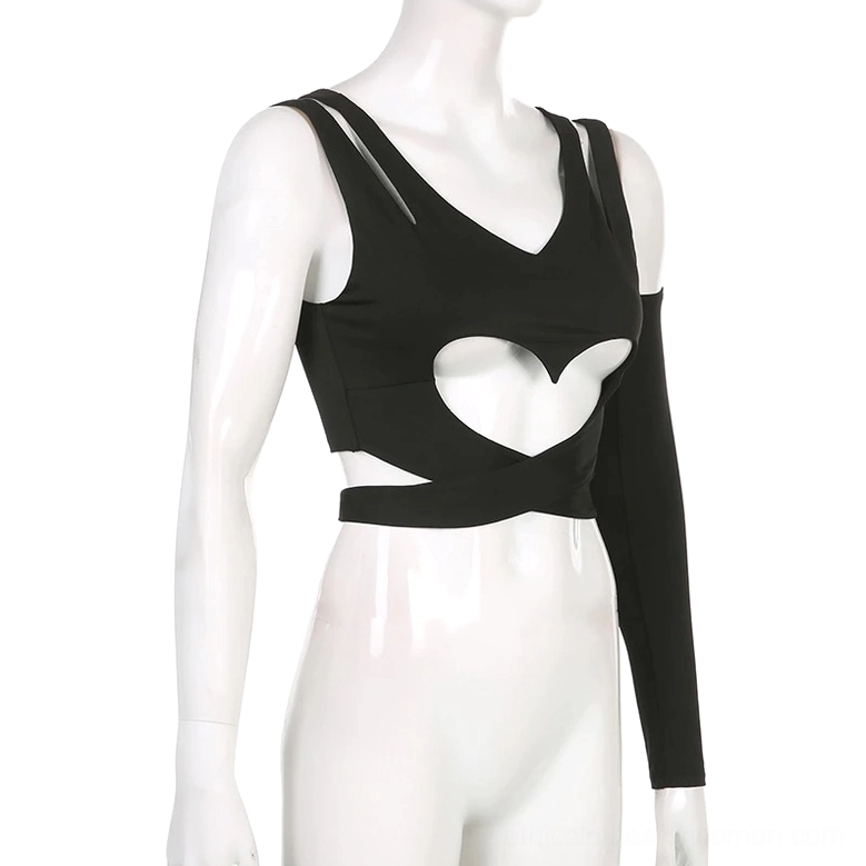 Black punk gothic cropped tank top with heart cutout and wrap waist - right side three-quarter view showing asymmetrical sleeve