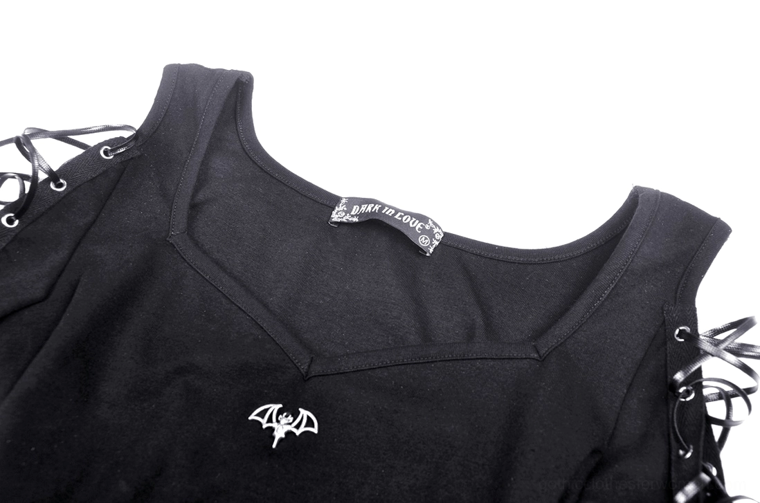 Back flat lay of gothic crop top featuring adjustable lace-up tie and cold shoulder cutout design