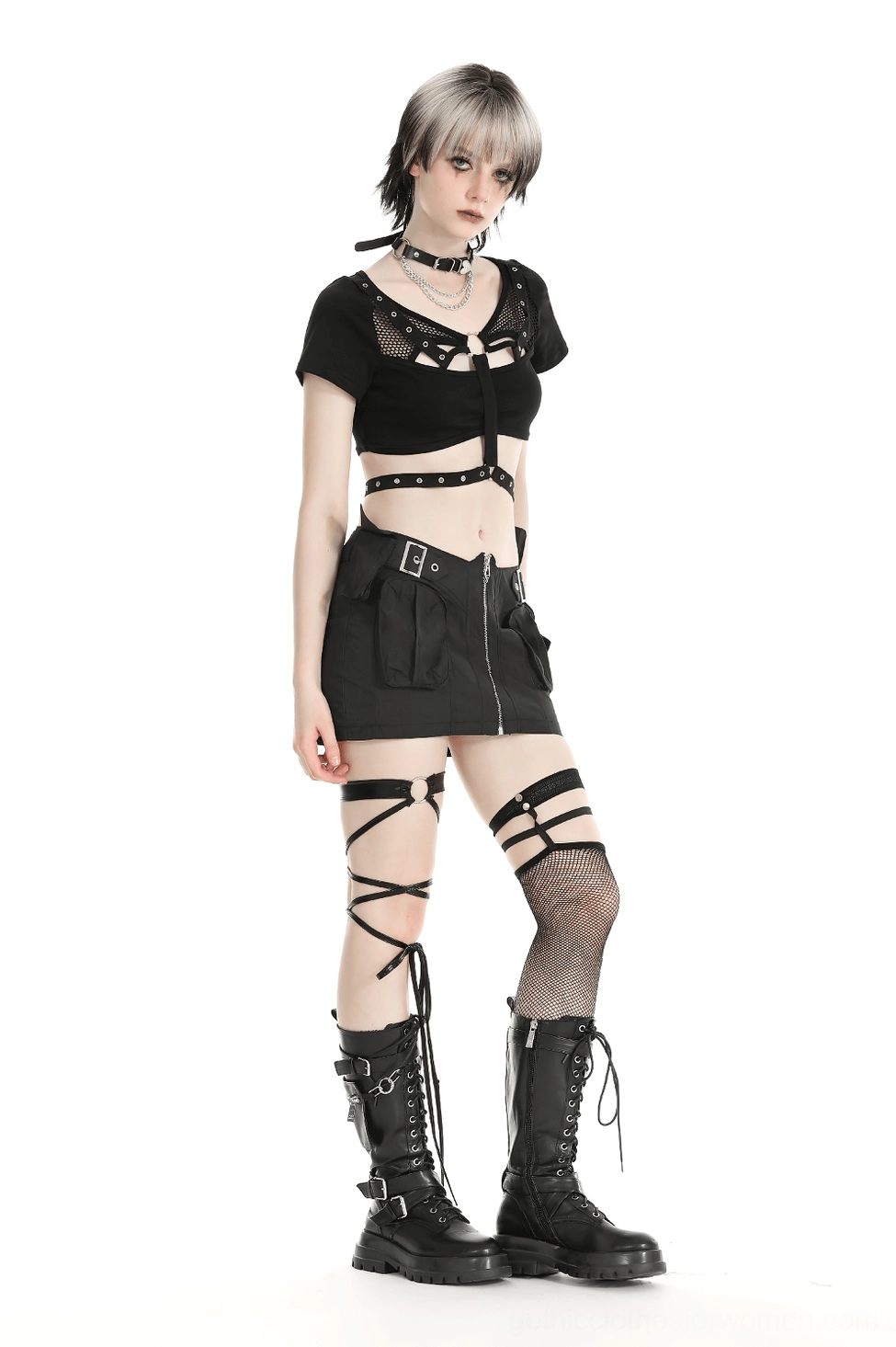 Fishnet and metal hardware detail of goth crop top showing punk-inspired design elements
