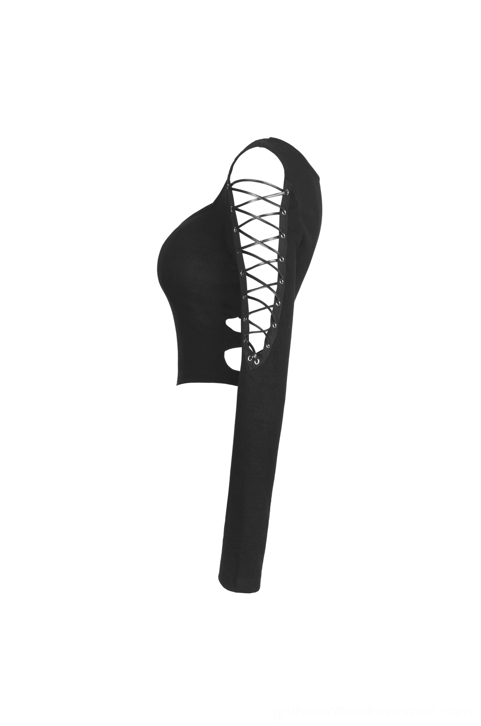 Gothic crop top front flat lay displaying fitted slim silhouette, long batwing sleeves and bat logo detail