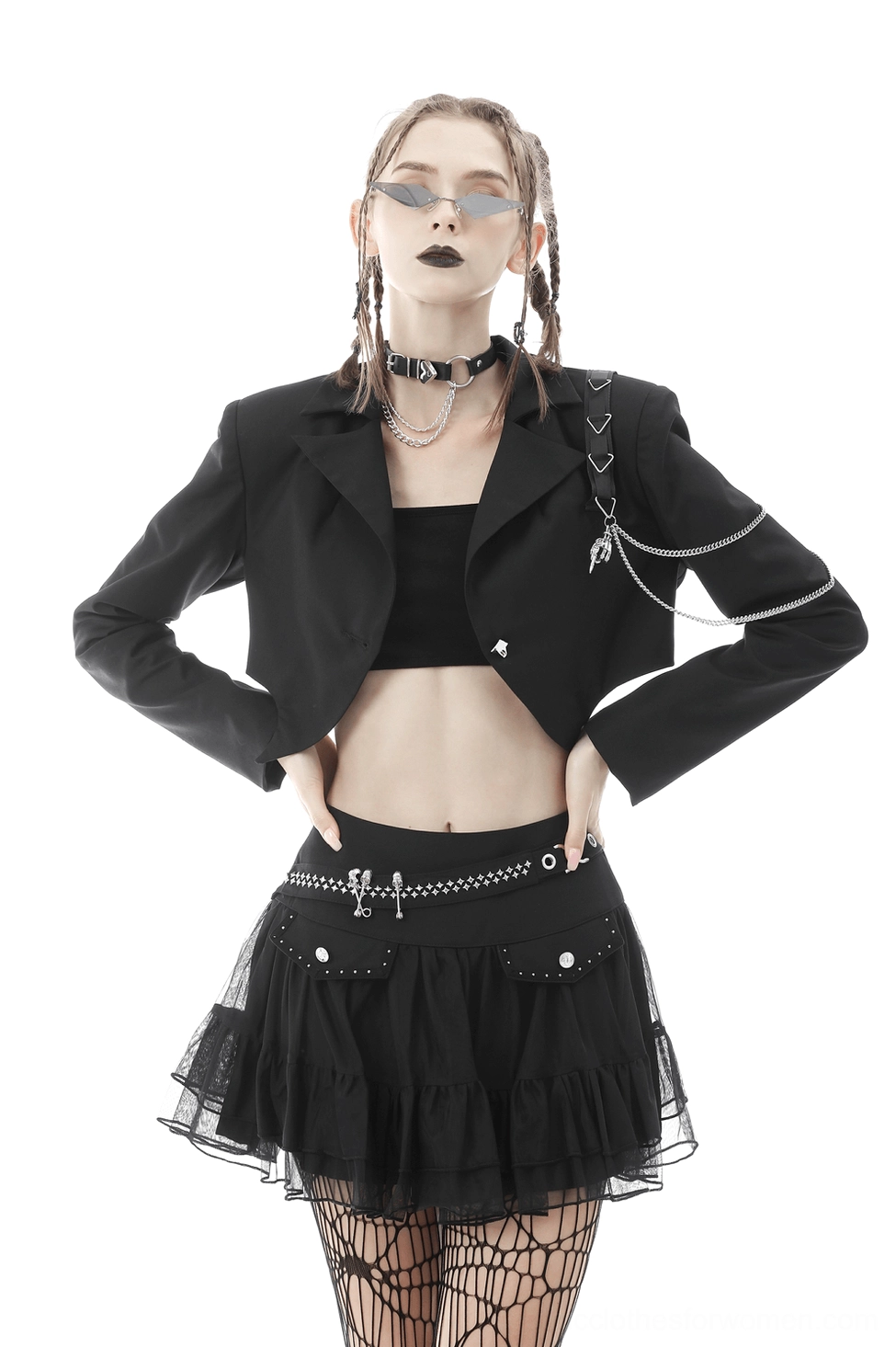 Black cropped goth jacket full body styling on model demonstrating edgy alternative look