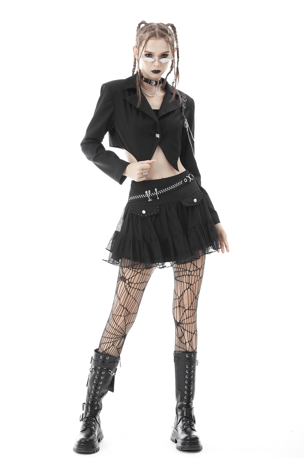 Black cropped goth jacket front detail view showing chain shoulder embellishments