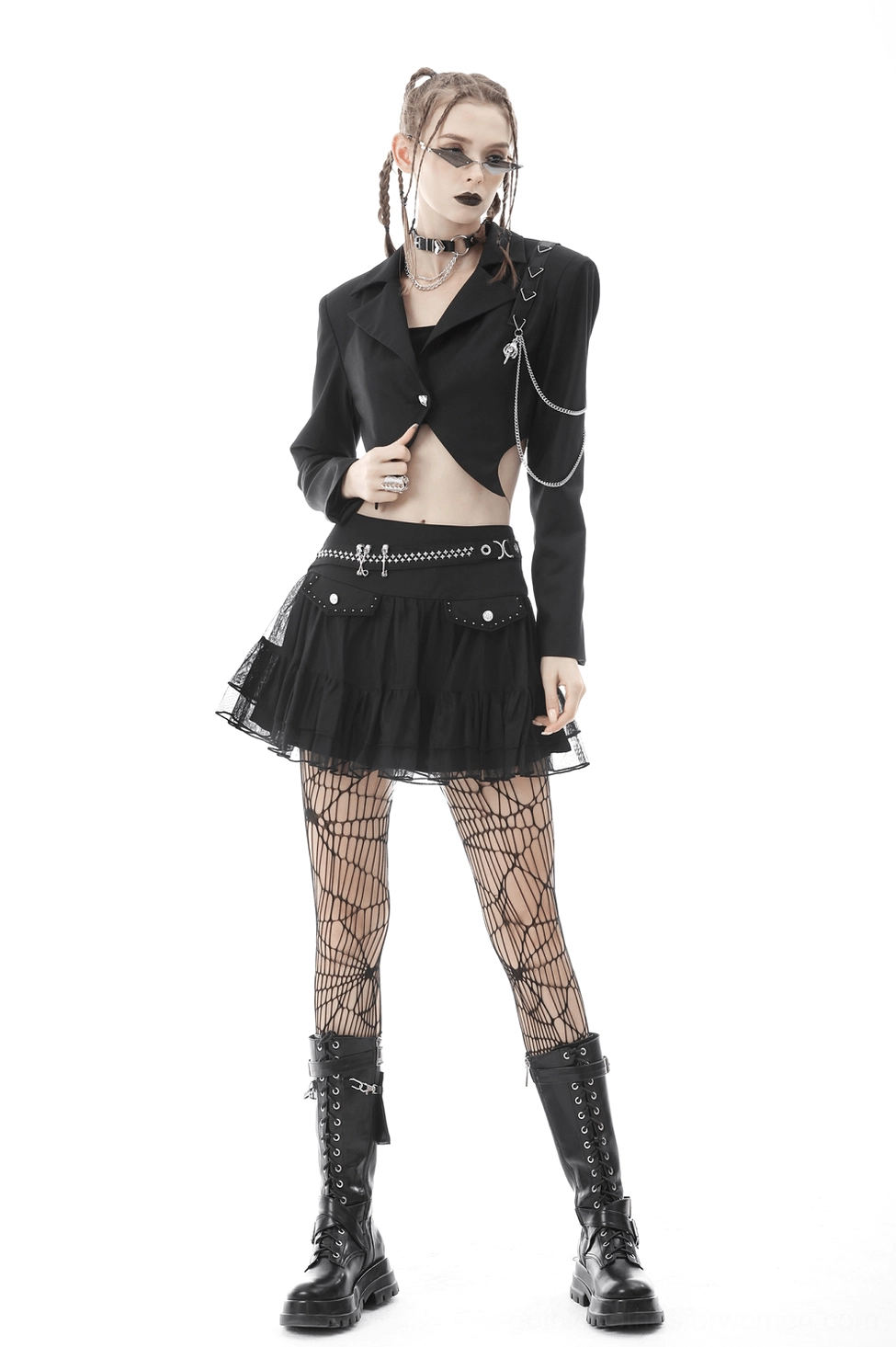 Black cropped goth jacket side view highlighting fitted silhouette and chain details