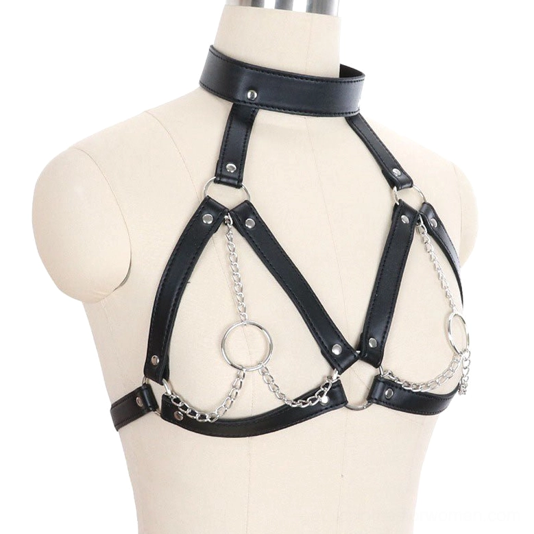 Back three-quarter view of black leather harness showing adjustable buckle closure and strap design