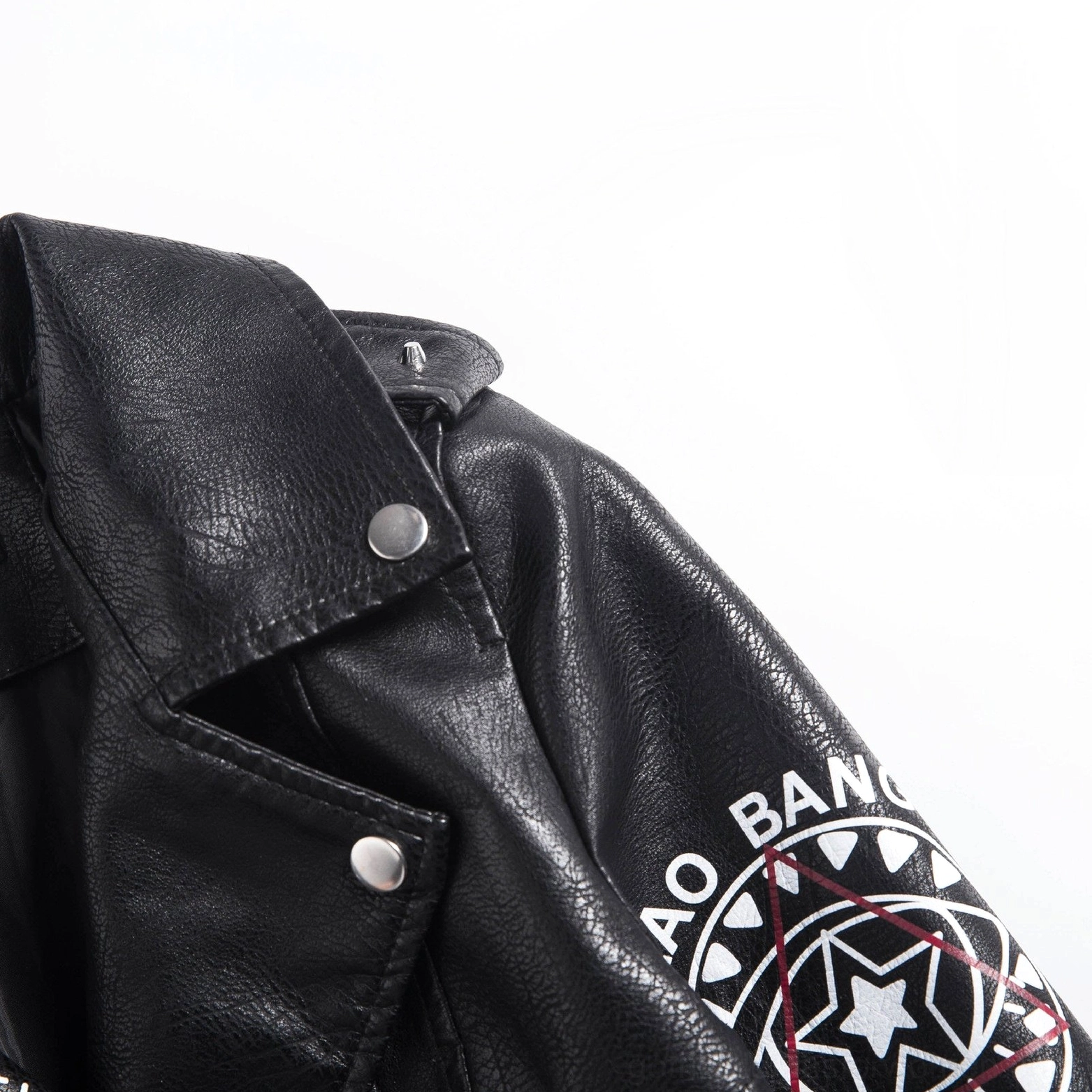 Angled perspective black leather motorcycle jacket showcasing complete decoration graphics and rebellious design