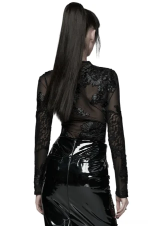 Romantic goth mesh lace top rear view showing fitted silhouette and back button closure detail