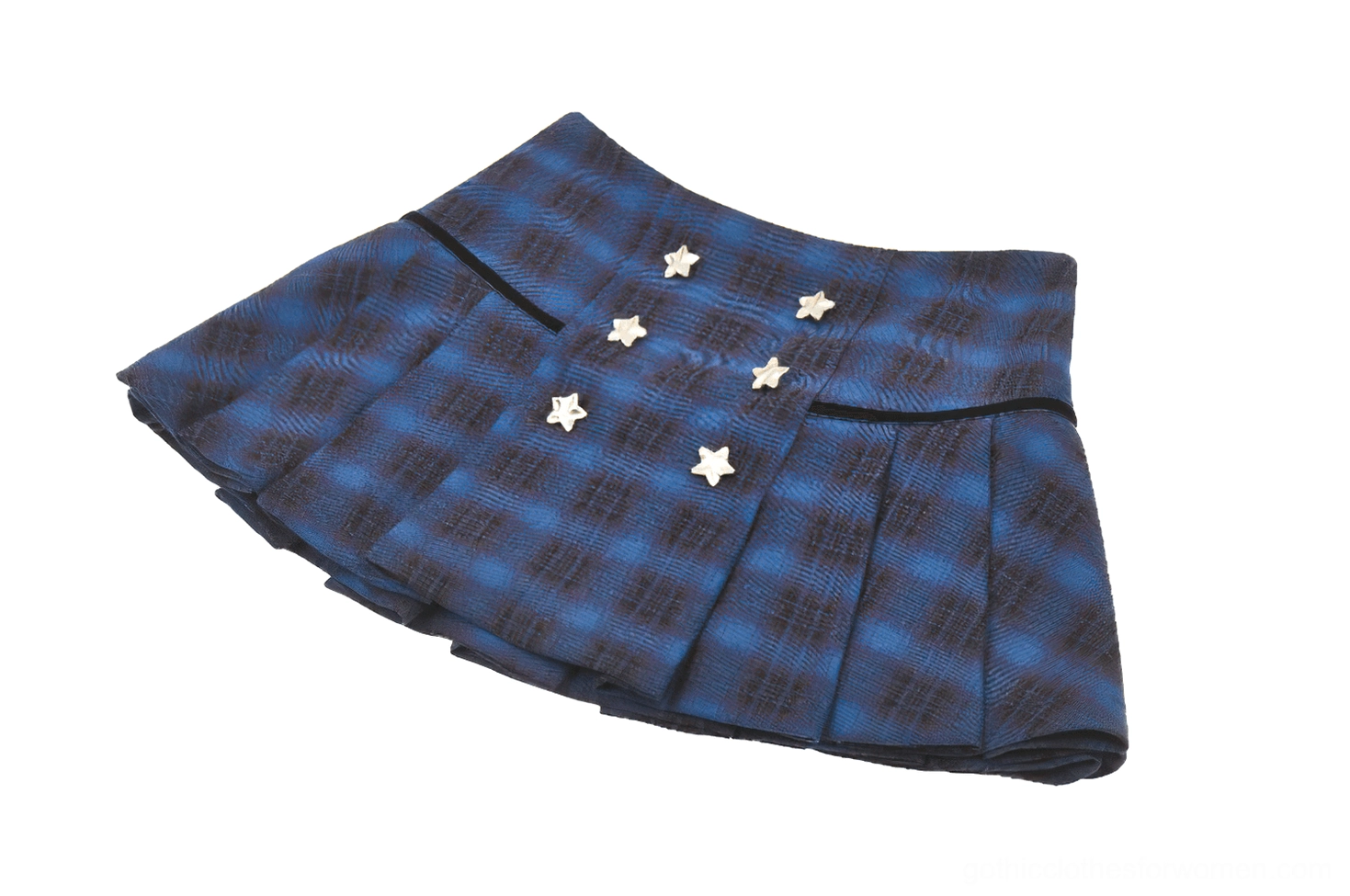 Side view tilted angle of blue black plaid mini skirt showing star button placement and structure
