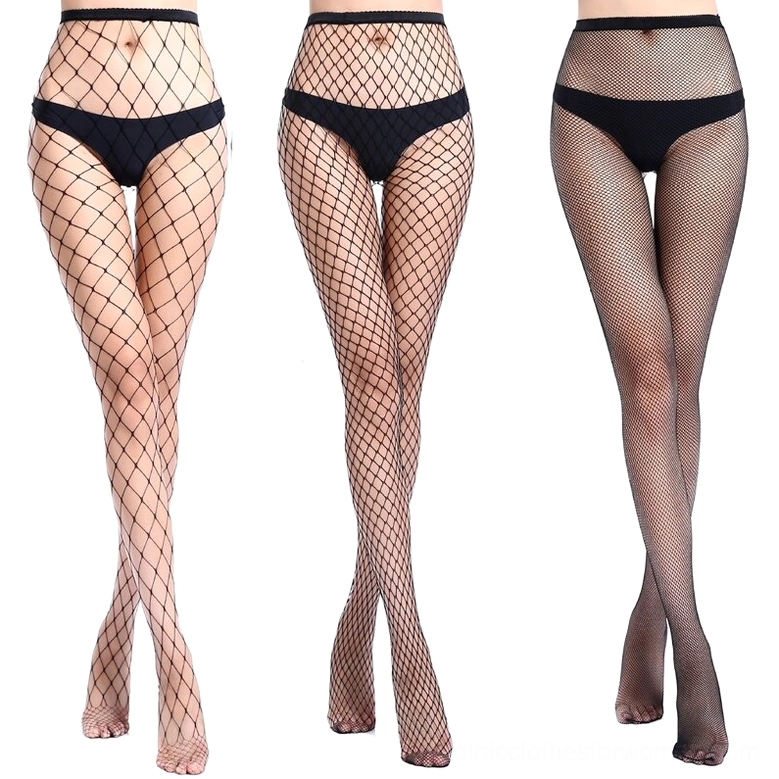 Beige and black oversized diamond mesh fishnet pantyhose worn with crossed legs, showing maximum grid coverage