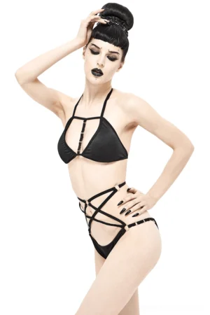 Alternative black pentagram bikini with metal ring waist harness, model pose from right side