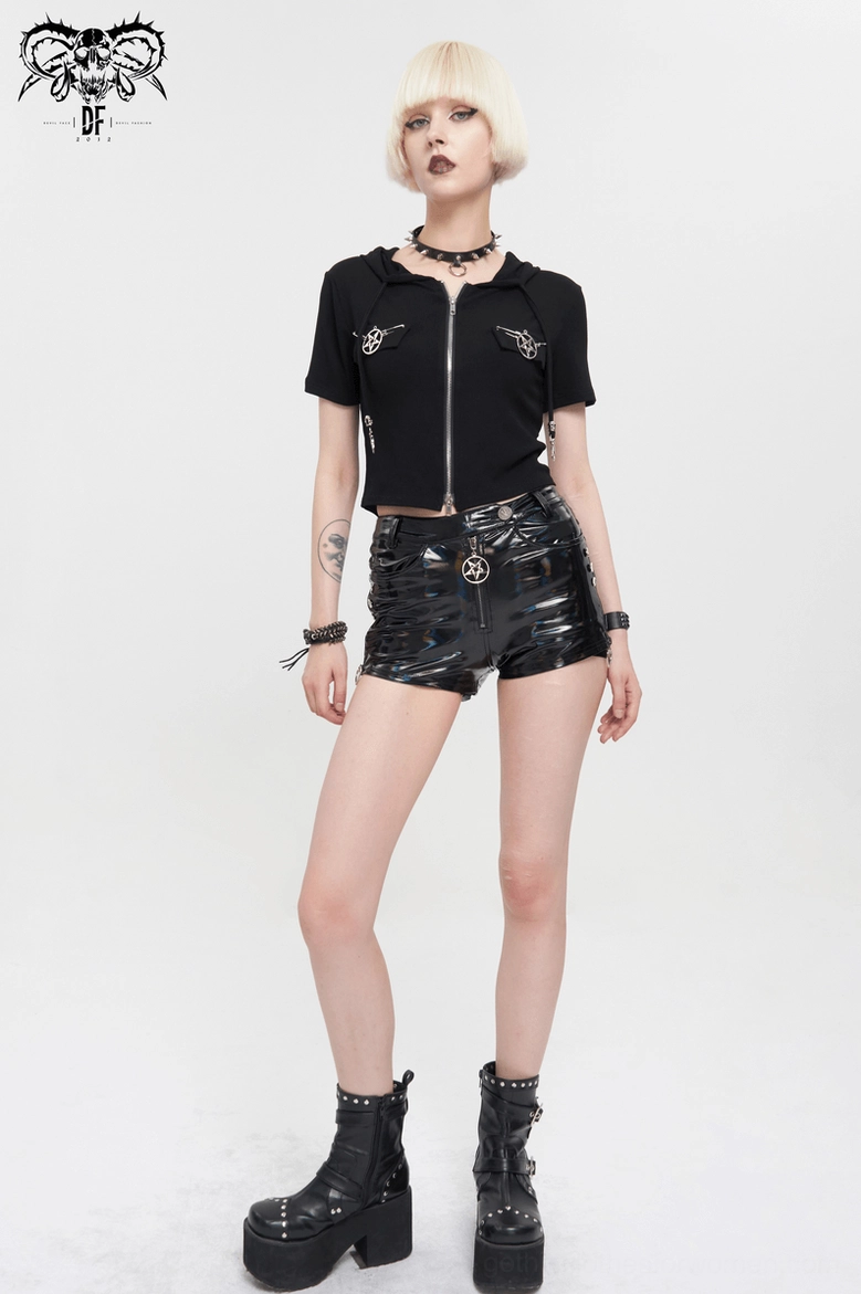 Black pentagram hooded crop top flat lay back view showing construction quality and back silhouette details
