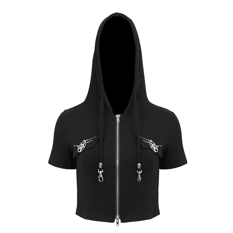 Black pentagram crop zip hooded top front flat view with metal zipper closure, drawstring hood, and pentagram accents