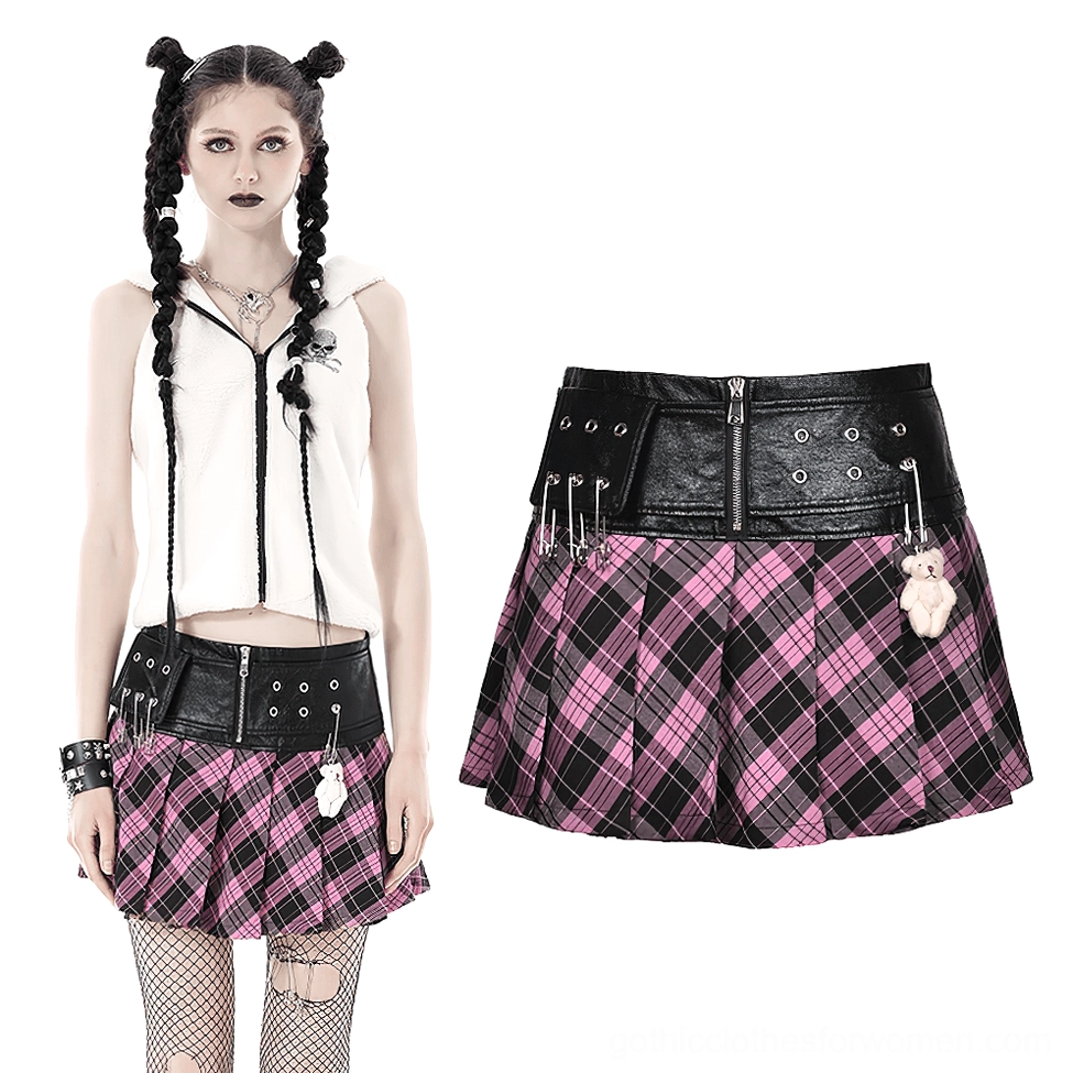 Punk-styled model wearing black-pink plaid gothic skirt with teddy bear charm on belt and twin braids