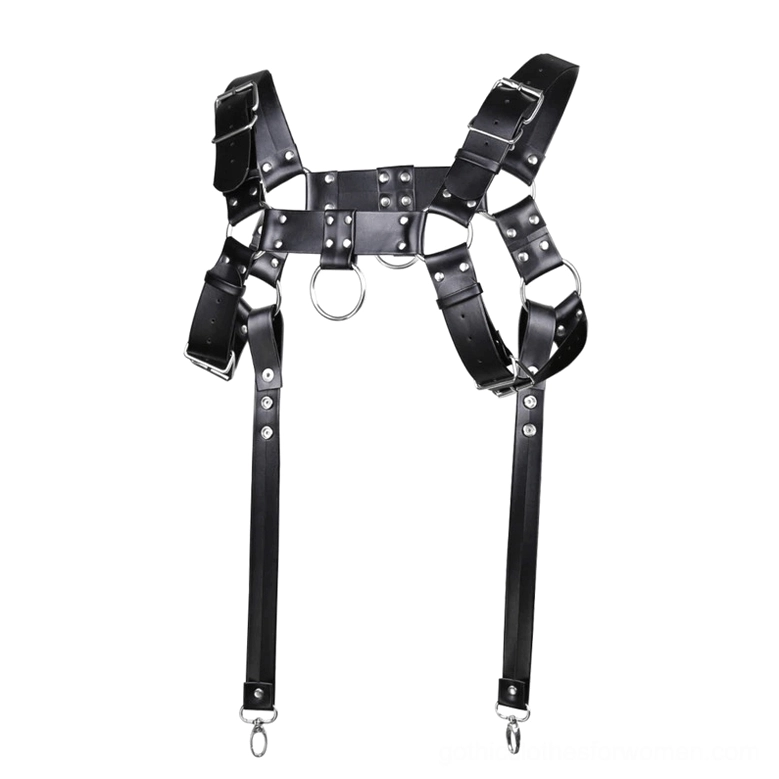 PU leather metal rivet chest bondage harness with adjustable straps and silver metal rings, front view on white background
