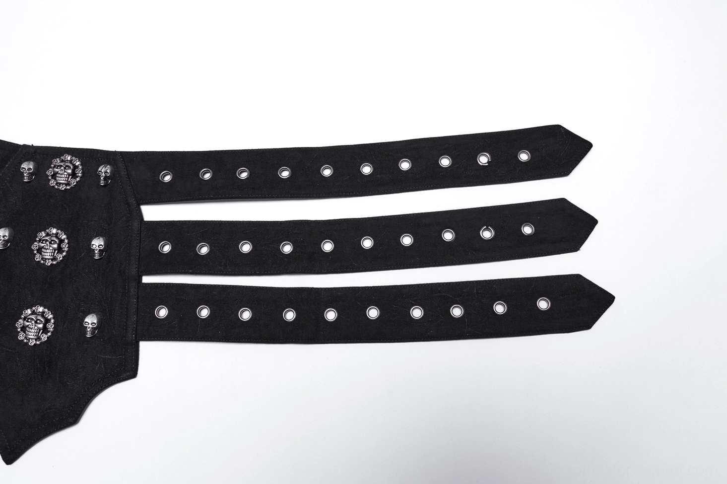 Partial gothic punk corset belt side view showing skull metal stud decorations
