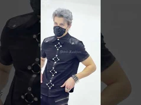 Male model wearing black wrinkled gothic face mask with side profile view, demonstrating fit and cyberpunk styling