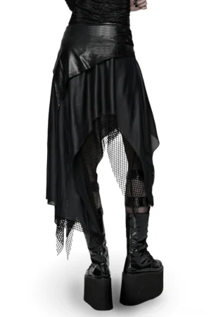 Gothic punk skirt back view worn with platform boots and mesh stockings - rear styling detail