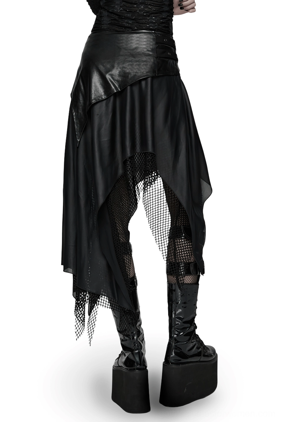 Gothic punk skirt back view worn with platform boots and mesh stockings - rear styling detail