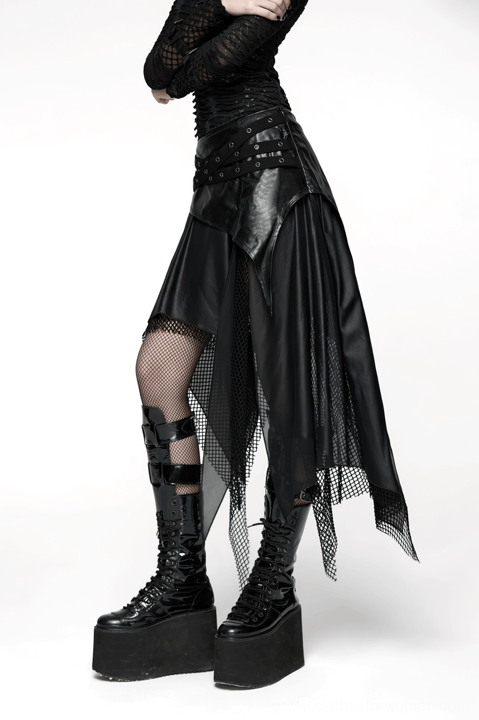 Black asymmetrical goth punk skirt full view showing mesh and faux leather layering technique