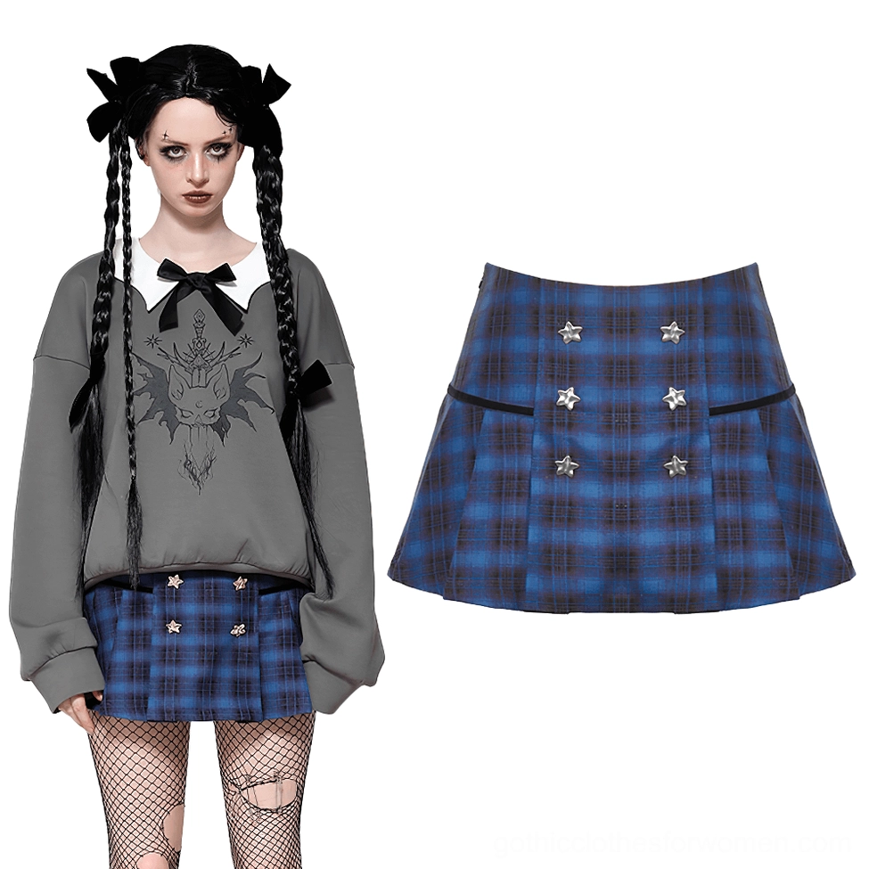 Blue black gothic plaid mini skirt styled with grey sweatshirt and black twin braids - full model view