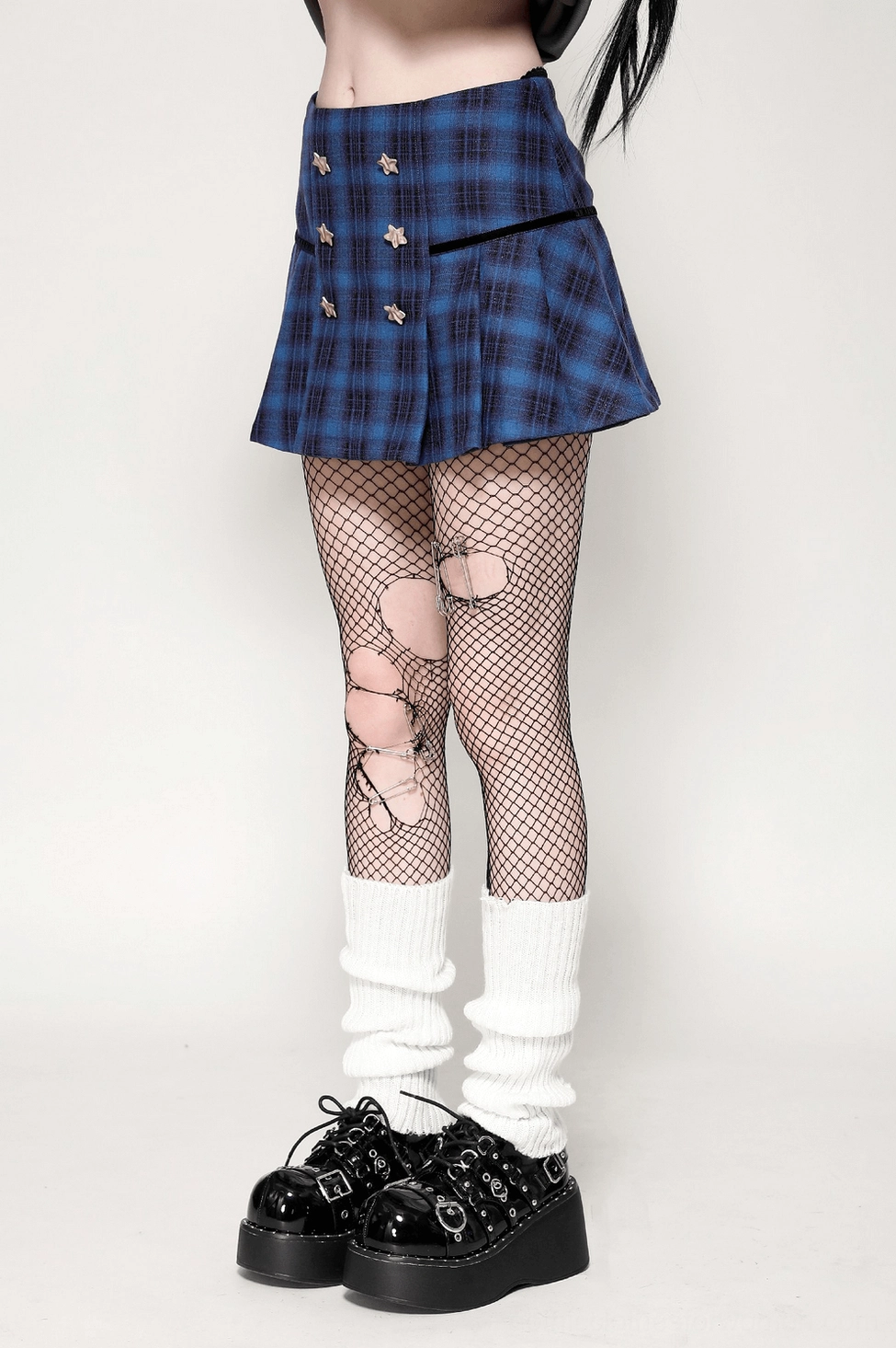 Star button embellishment and plaid pattern detail - gothic skirt metallic studs