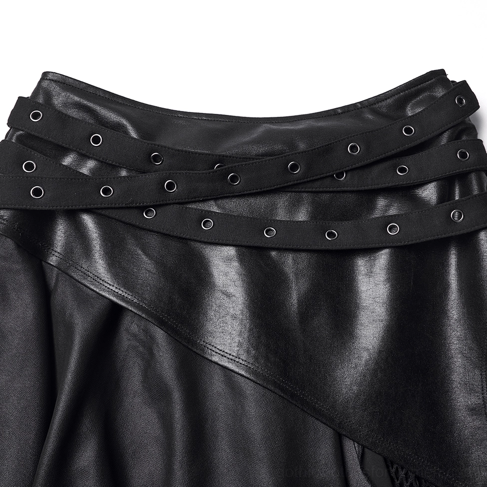 Close-up waistband detail of gothic punk skirt showing multi-layer grommet straps and matte black faux leather