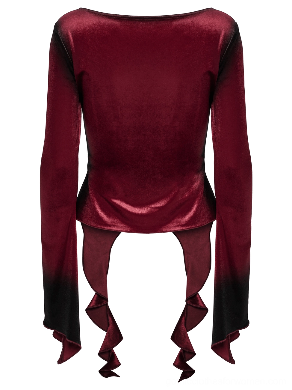 Rear flat lay of burgundy ombre velvet gothic top with simple back design and split side hem detail