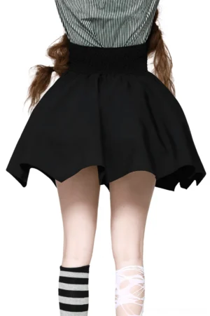 Gothic black mini skirt with smocked waist and flared silhouette back view