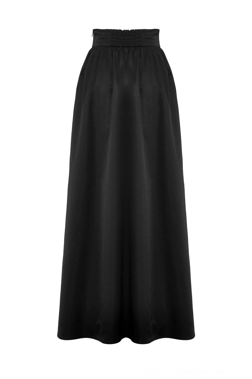 Flat lay back view of black gothic skirt showing solid black fabric and gathered smocked high waist construction