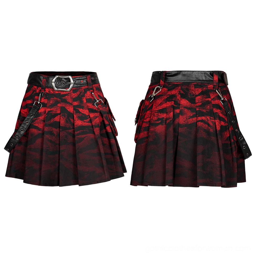 Flat lay front view of red abstract gothic skirt with pleated A-line silhouette, included waist bag, and side pockets