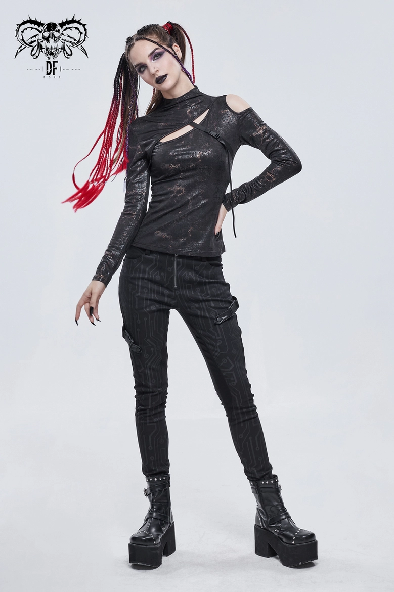 Alternative fashion black gothic cutout slim fitted top with buckle strap, lifestyle wear view