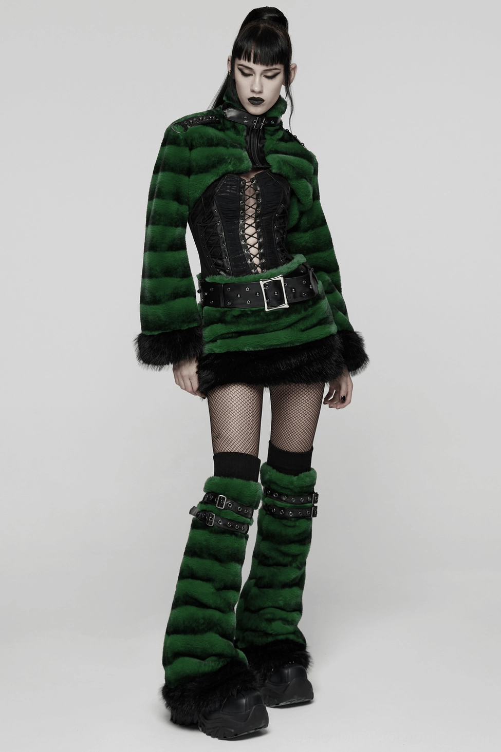Alternative fashion leg warmers in gothic green striped pattern with black buckle accents