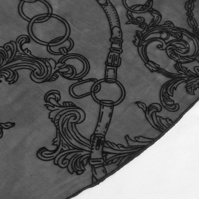 Gothic alternative fishtail mesh skirt front perspective showing chains, buckles, zipper, and sophisticated dark style