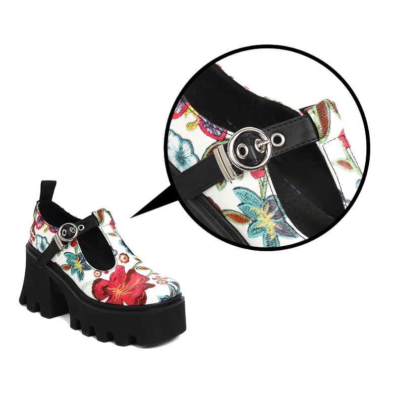 Gothic platform Mary Jane pumps pair view featuring alternative fashion style with bold floral design and platform construction