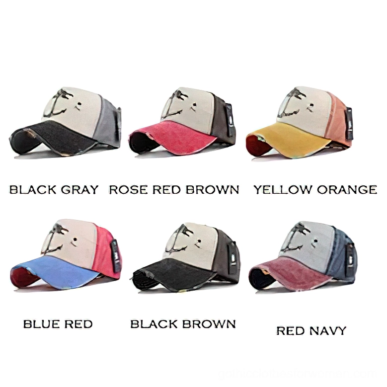 All six color variants of distressed gothic anchor baseball caps displayed in flat lay, complete collection overview
