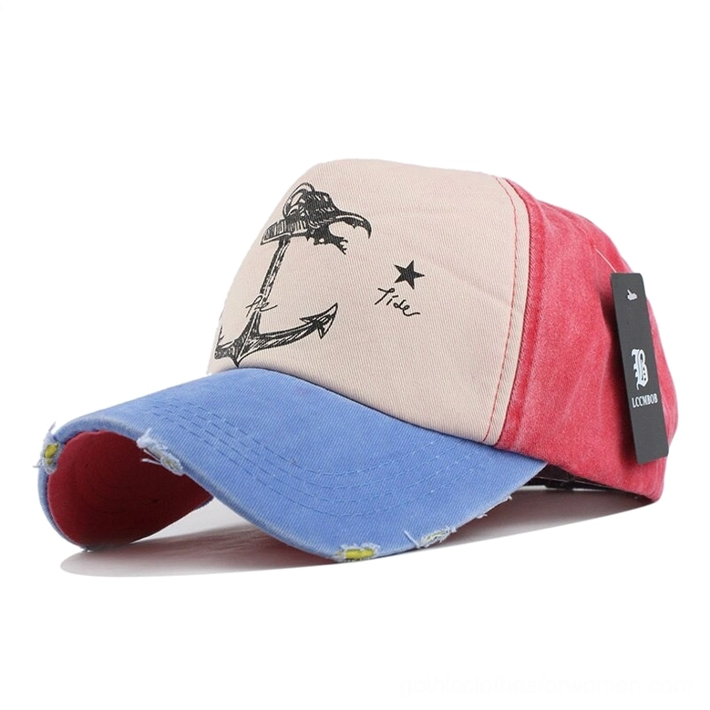 Blue red and beige color-blocked gothic anchor baseball cap with bold contrast and frayed brim, front view