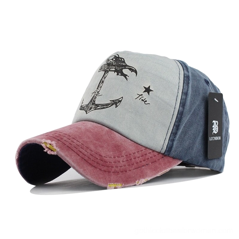 Light gray navy and wine red color palette distressed baseball cap with anchor print detail