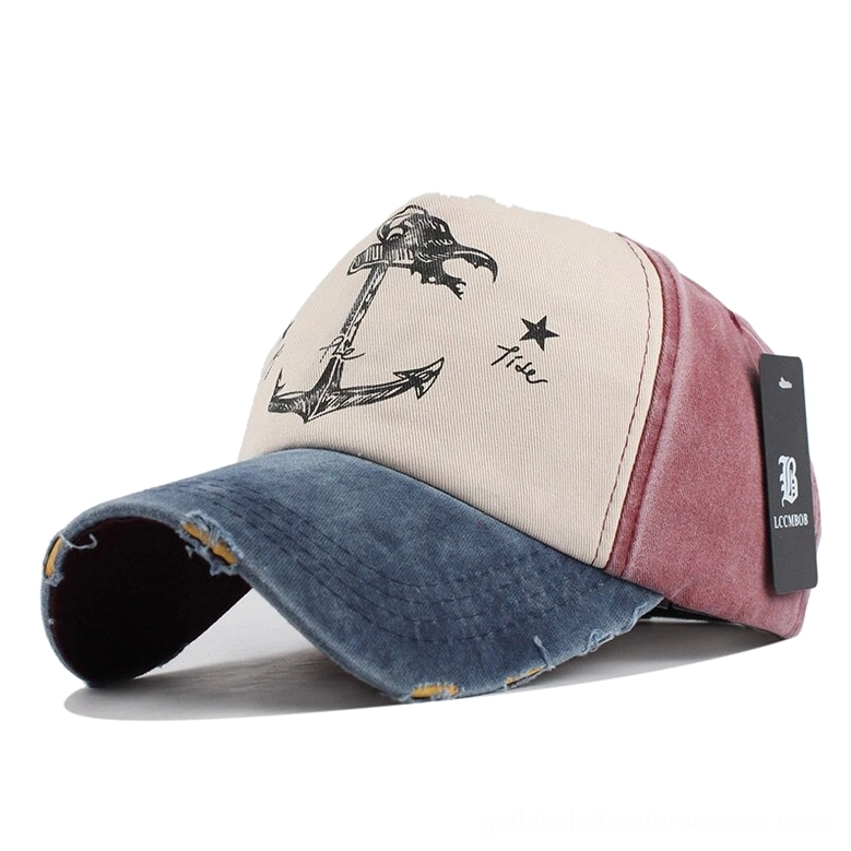 Navy red and beige distressed anchor cap with maritime gothic aesthetic and adjustable closure