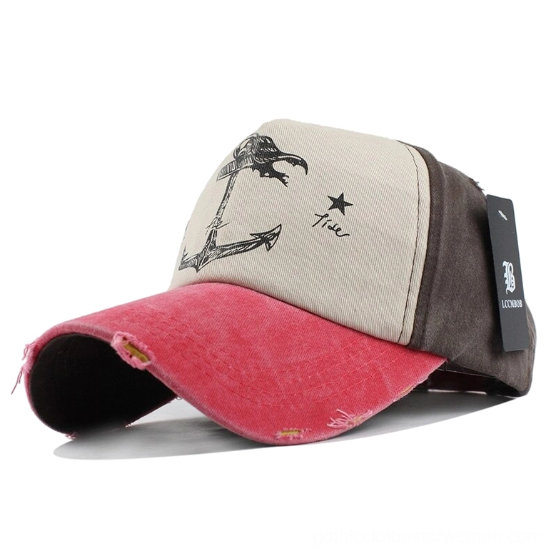 Rose red and dark brown three-tone distressed gothic anchor snapback cap with frayed edges