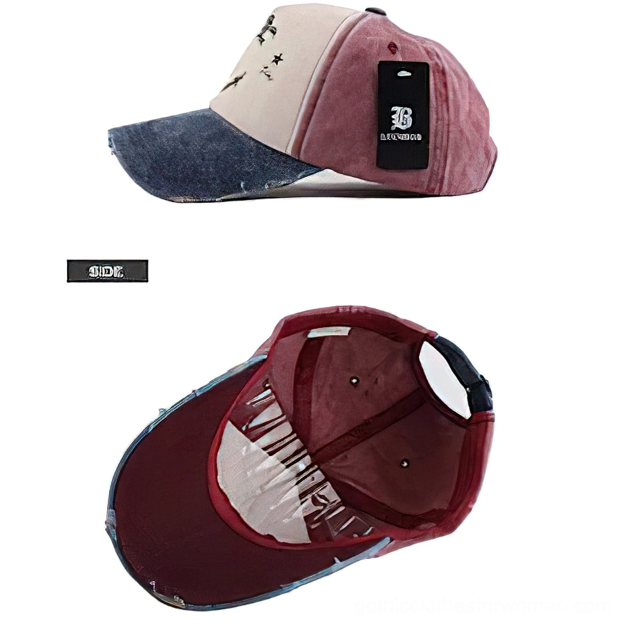 Side profile and interior lining view of snapback gothic anchor cap showing wine red inner fabric and branded hang tag