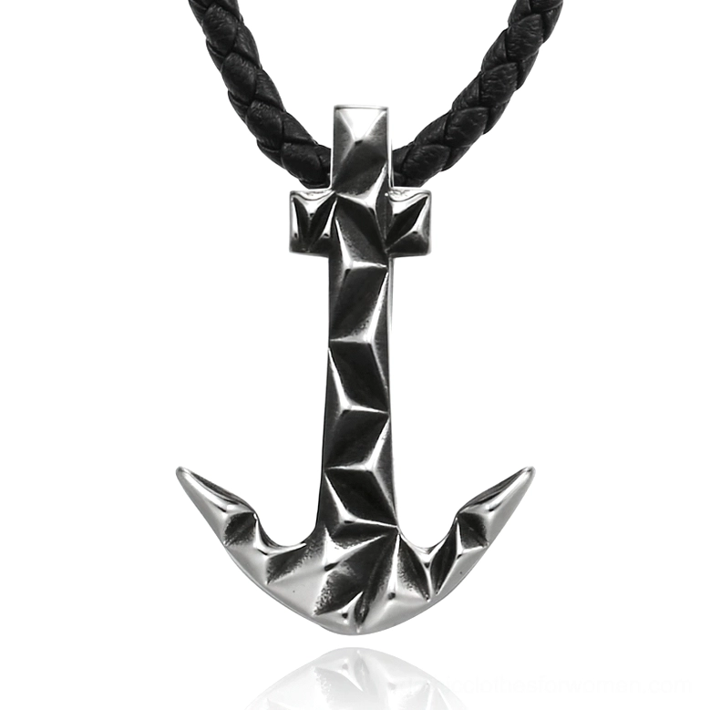 Silver stainless steel anchor-shaped pendant with textured black braided leather cord, front flat view, gothic necklace for unisex wear