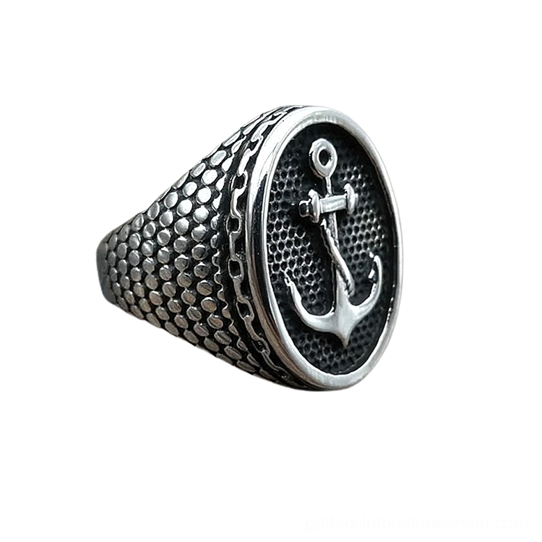 Blackened anchor signet ring side profile showing embossed anchor detail and scale-patterned ring body, right side view