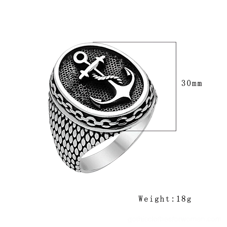 Anchor statement ring specifications showing 30mm diameter, 18g weight, rope design detail on pure white background