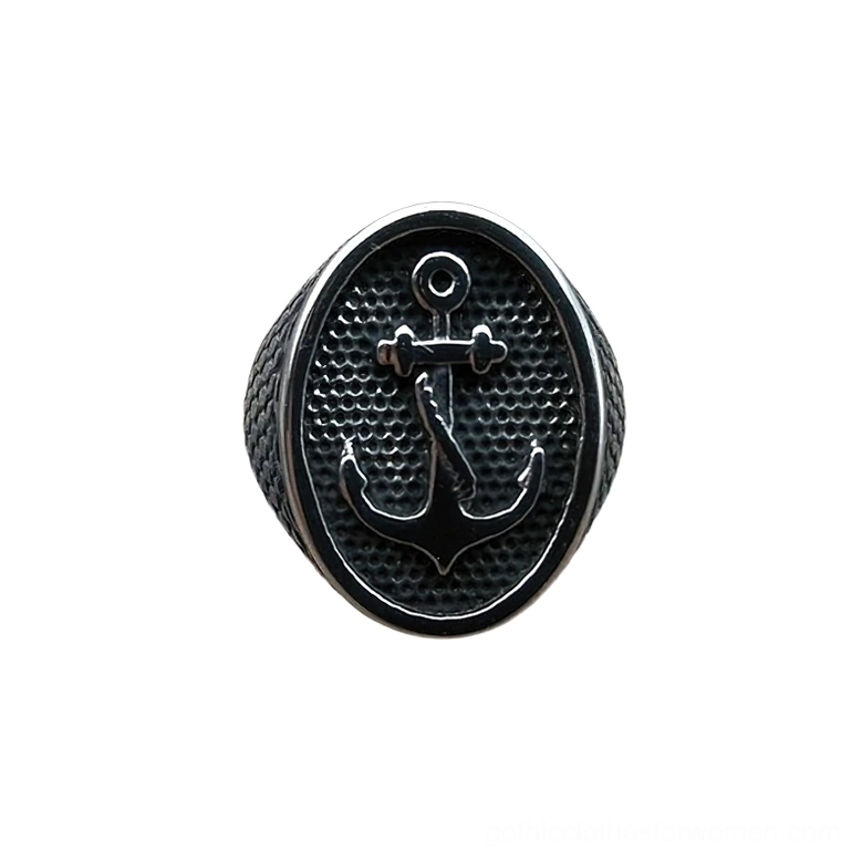 Unisex gothic anchor signet ring front flat view with solid silver anchor on matte black vintage metal face
