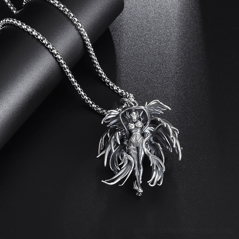 Gothic winged angel pendant necklace glossy background - aged silver patina stainless steel curb chain