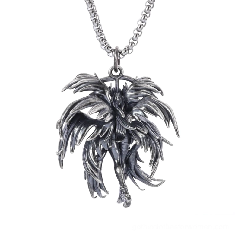 Multi-layered gothic angel pendant close-up - intricate feathered wings stainless steel on white background