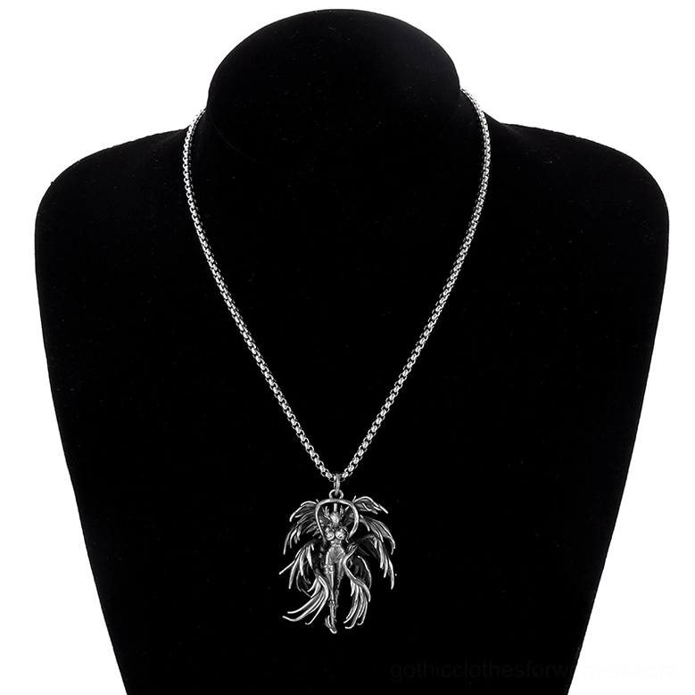 Gothic angel pendant necklace on black mannequin - dark antique silver finish displayed on jewelry display form