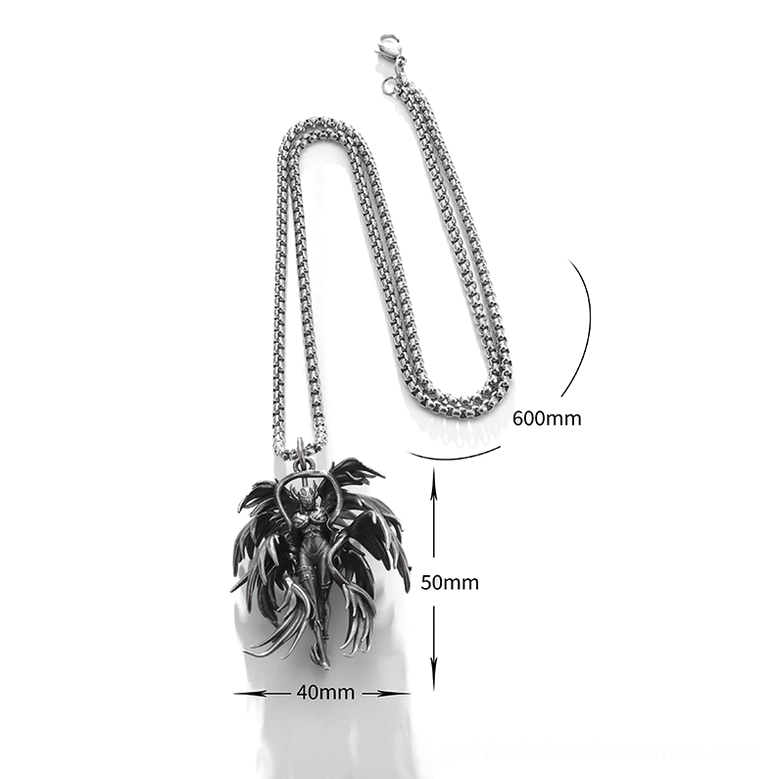 Gothic winged angel pendant necklace side view - detailed dimensional feathered wings 50x40mm pendant with 60cm chain